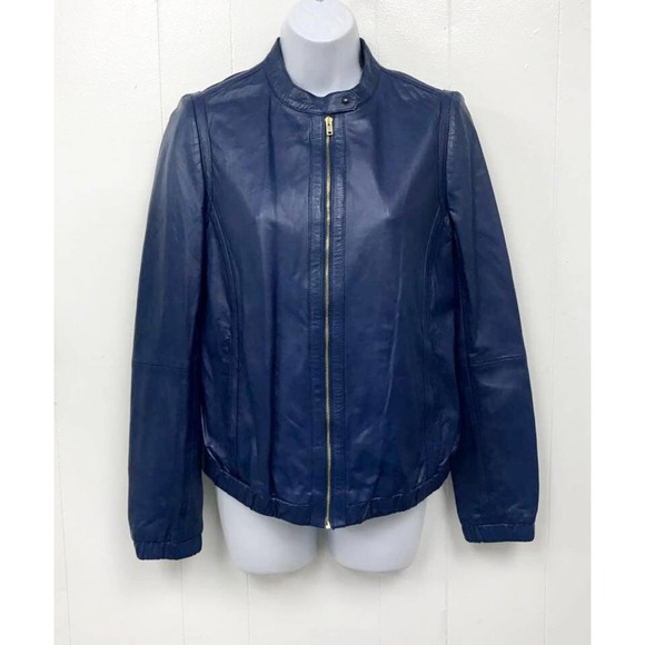 UTERQUE Blue Leather Jacket M